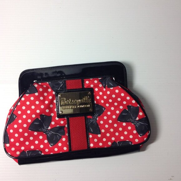 Betseyville by Betsey Johnson Clutch Bag Read & White Dot Pattern with Ribbons - Picture 1 of 3